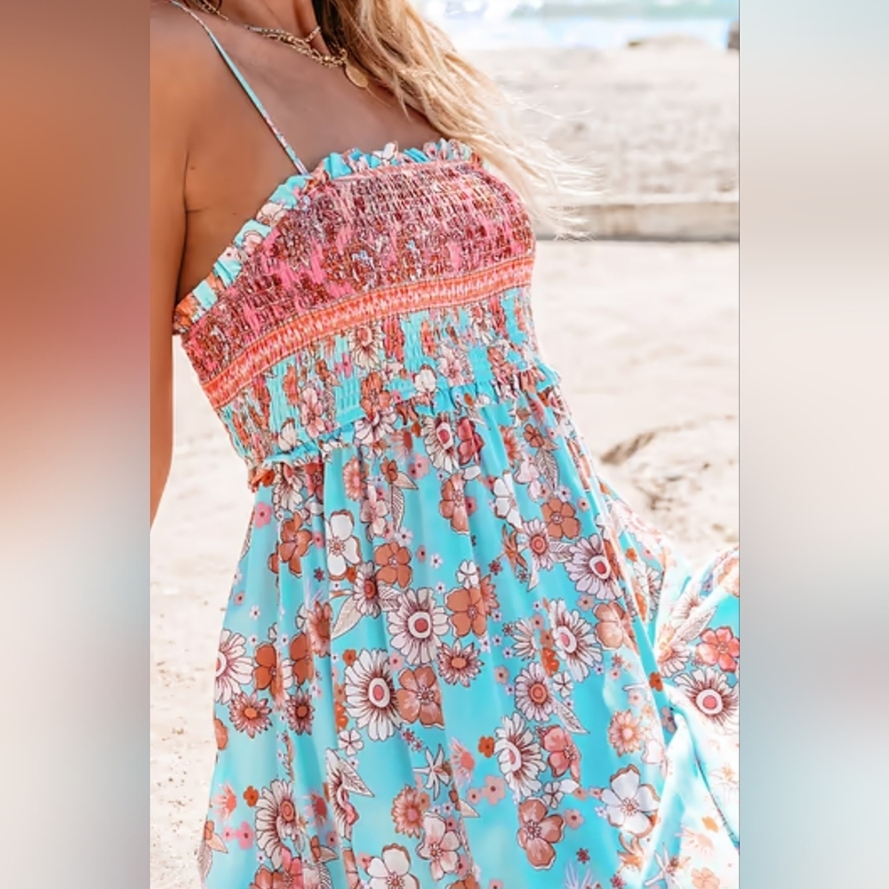 Cupshe Floral Maxi Dress With Cinched Ruffle Top- in Aqua & Coral - Picture 4 of 14